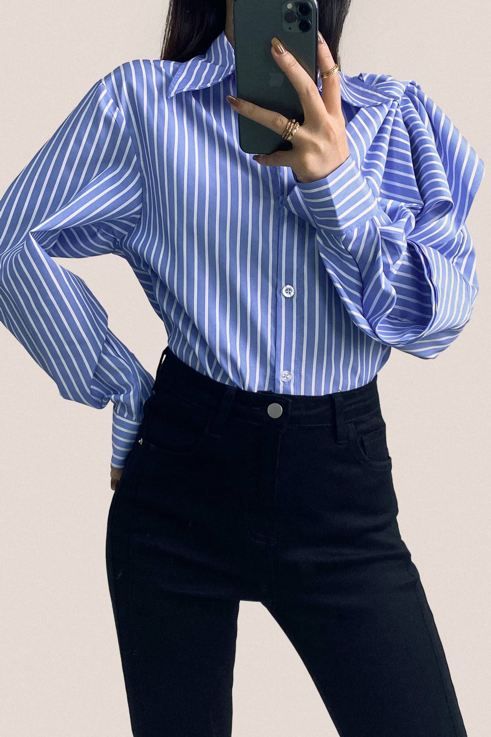 Cornflower Blue Striped Bow Detail Long Sleeve Button-Up Shirt