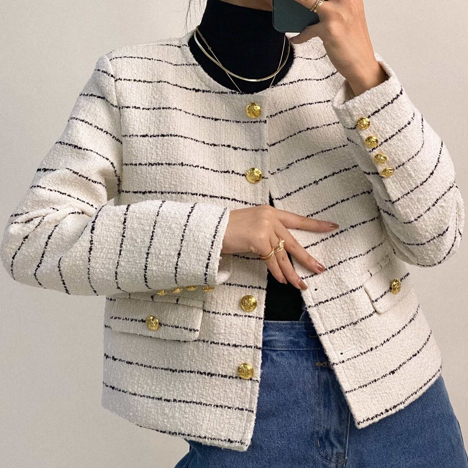 White Striped Tweed Jacket With Gold Buttons