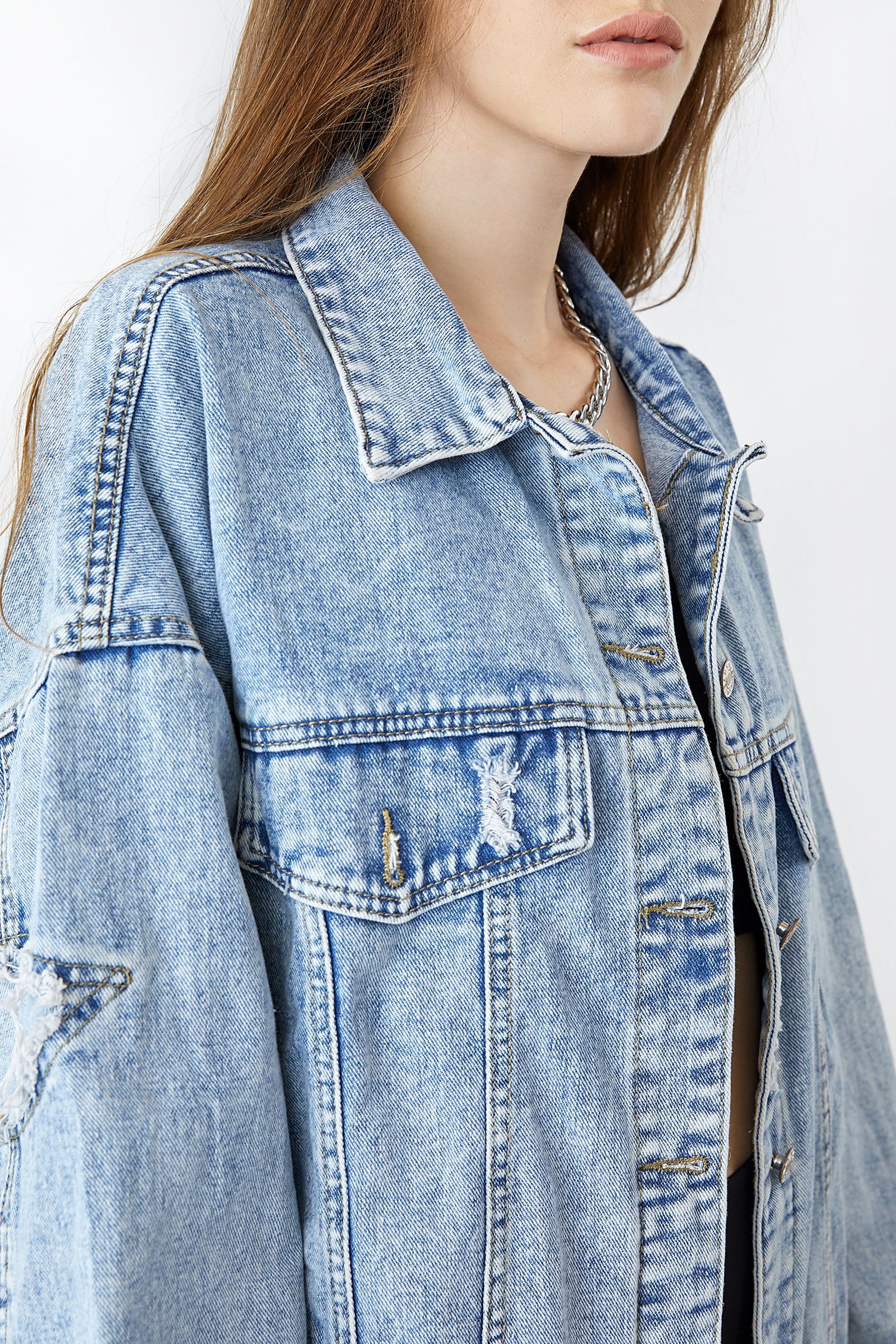 Elsy Steel Blue Distressed Denim Jacket