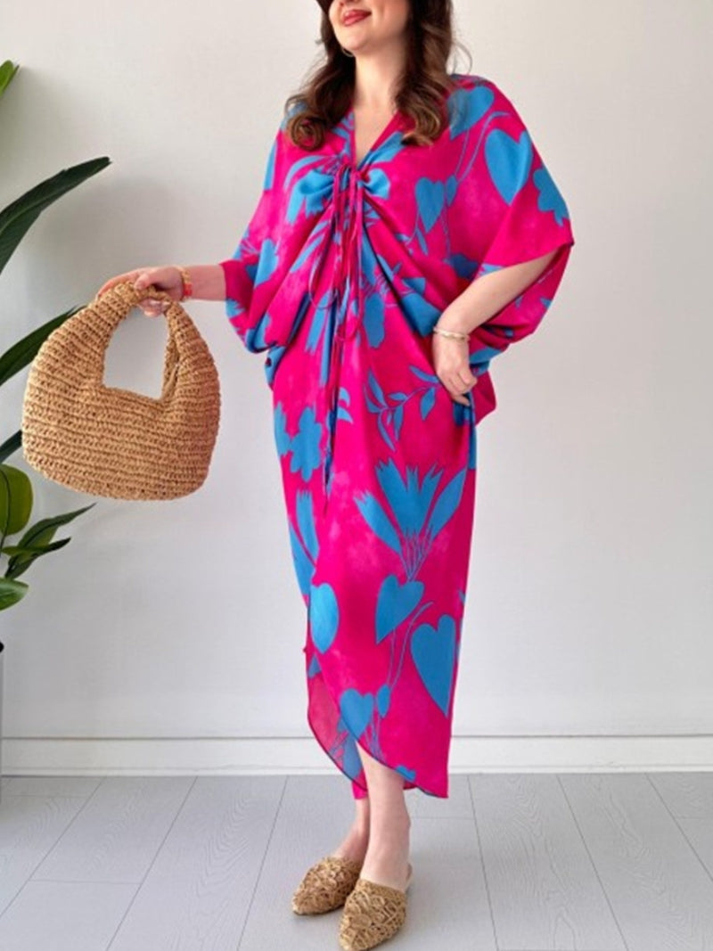 Fashion Printed Bat Sleeve V-Neck Dress
