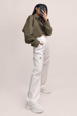 Dark Khaki Pocket Detail Cropped Shirt