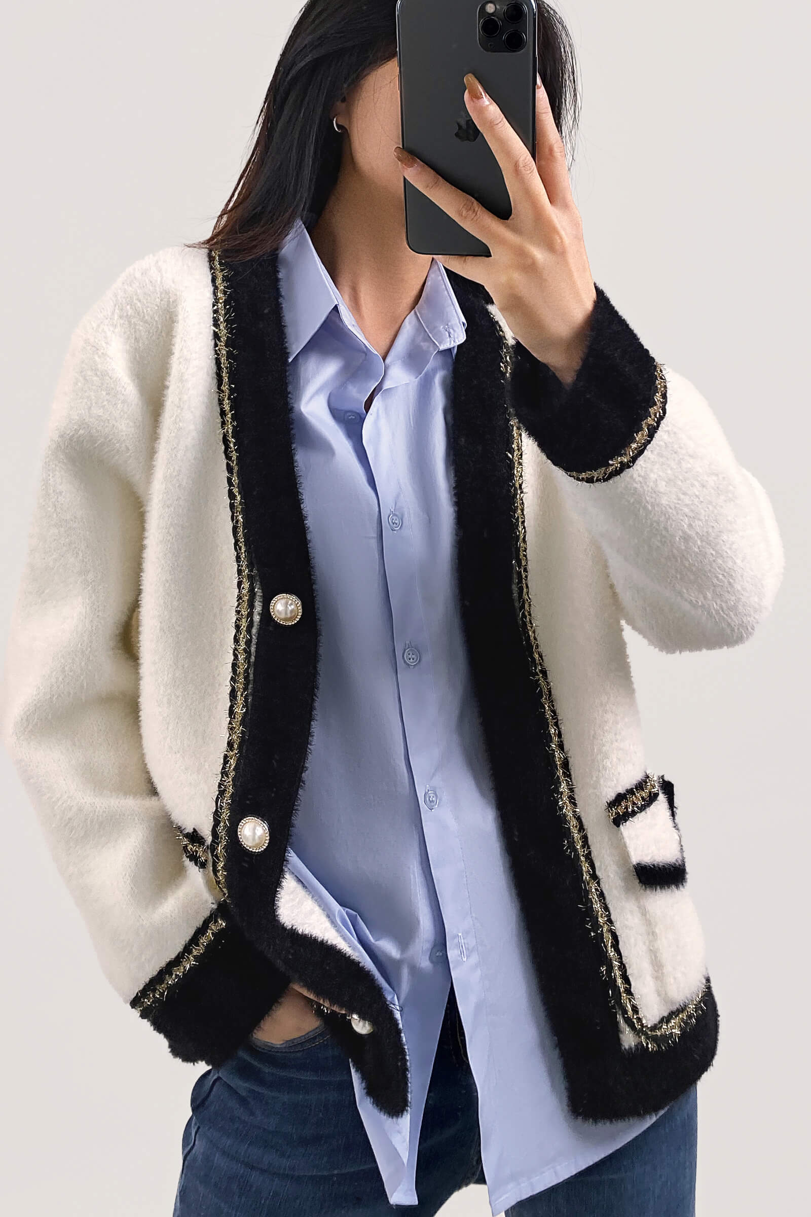 White Pocket Detail Contrast Trim Cardigan