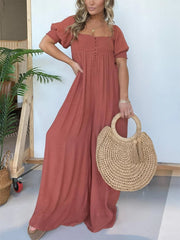 Square Neckline Jumpsuit With Smocked Bodice Button