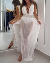 Deep V Sleeveless White Mesh Slit Long Beach Vacation Dress