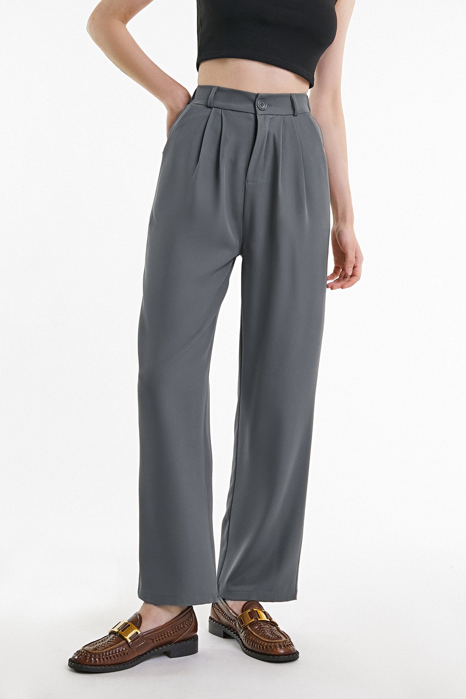 Dim Grey Half Elastic Pleat Detail Wide Leg Suit Pants