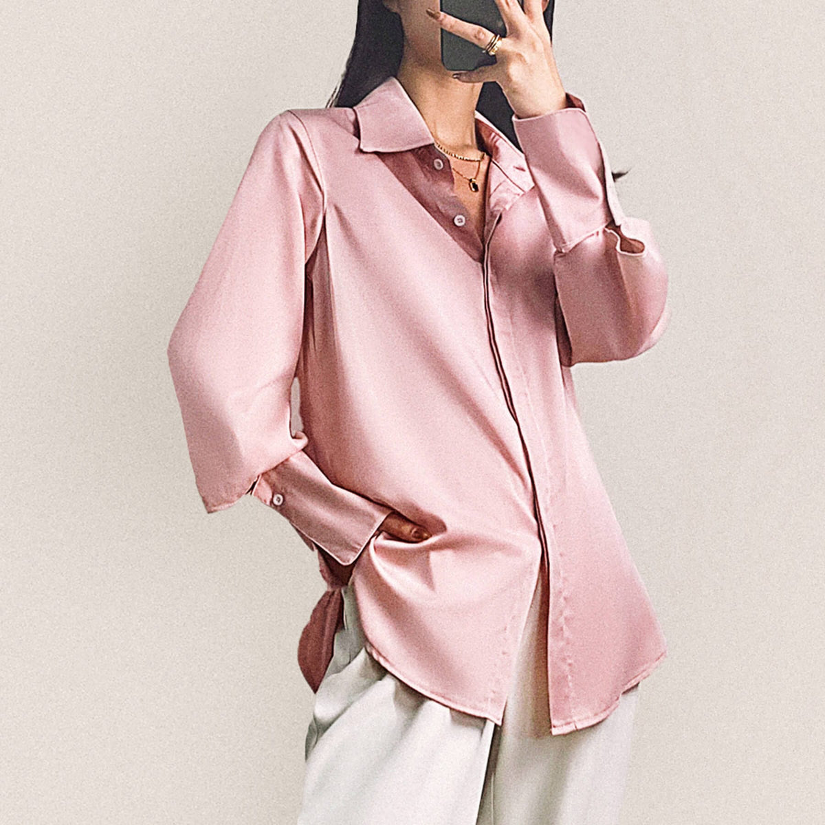 Pink Button-Up Satin Work Shirt