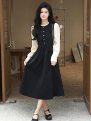 Retro Mid-length slim-fitting and textured black dress