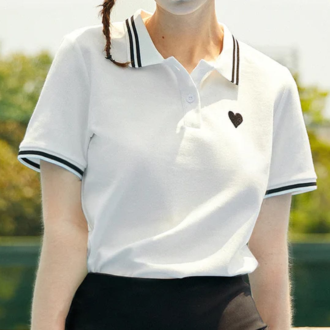 White Contrast Trim Embroidery Polo T-shirt