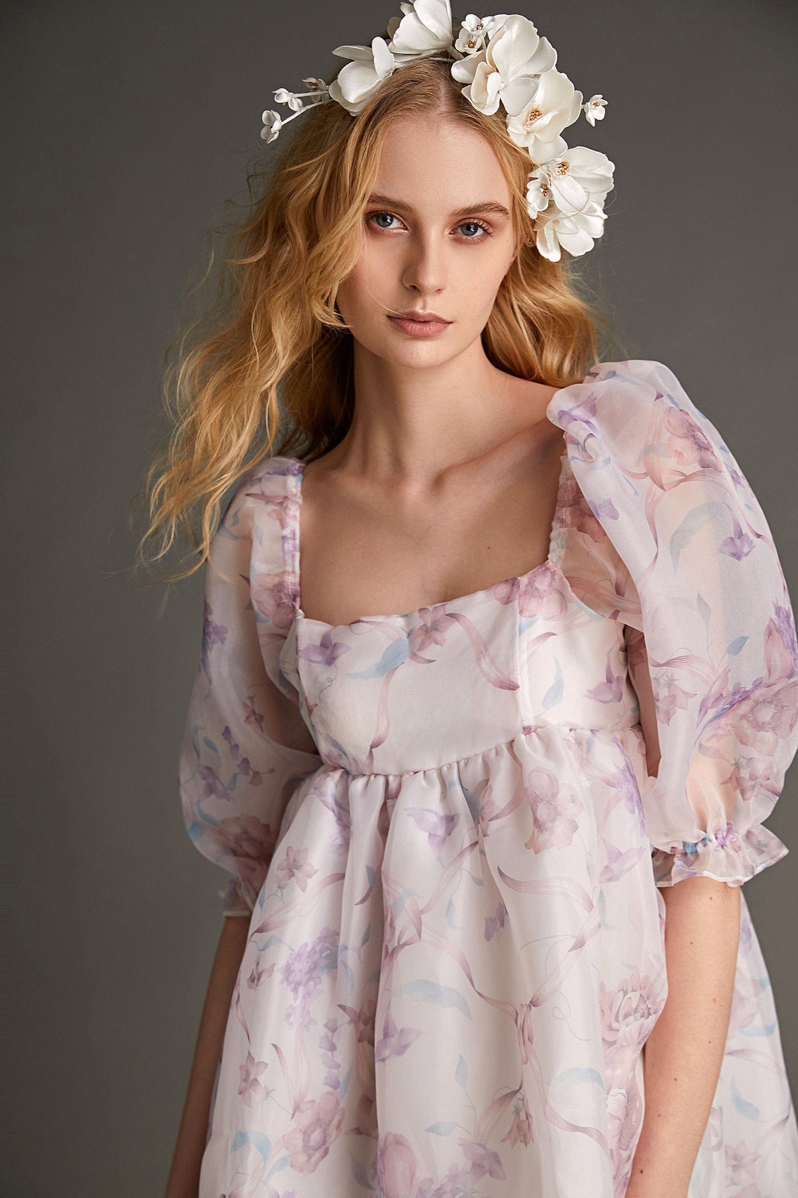 Plum Organza Floral Print Square Neck Puff Sleeve Babydoll Mini Dress