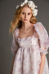 Plum Organza Floral Print Square Neck Puff Sleeve Babydoll Mini Dress