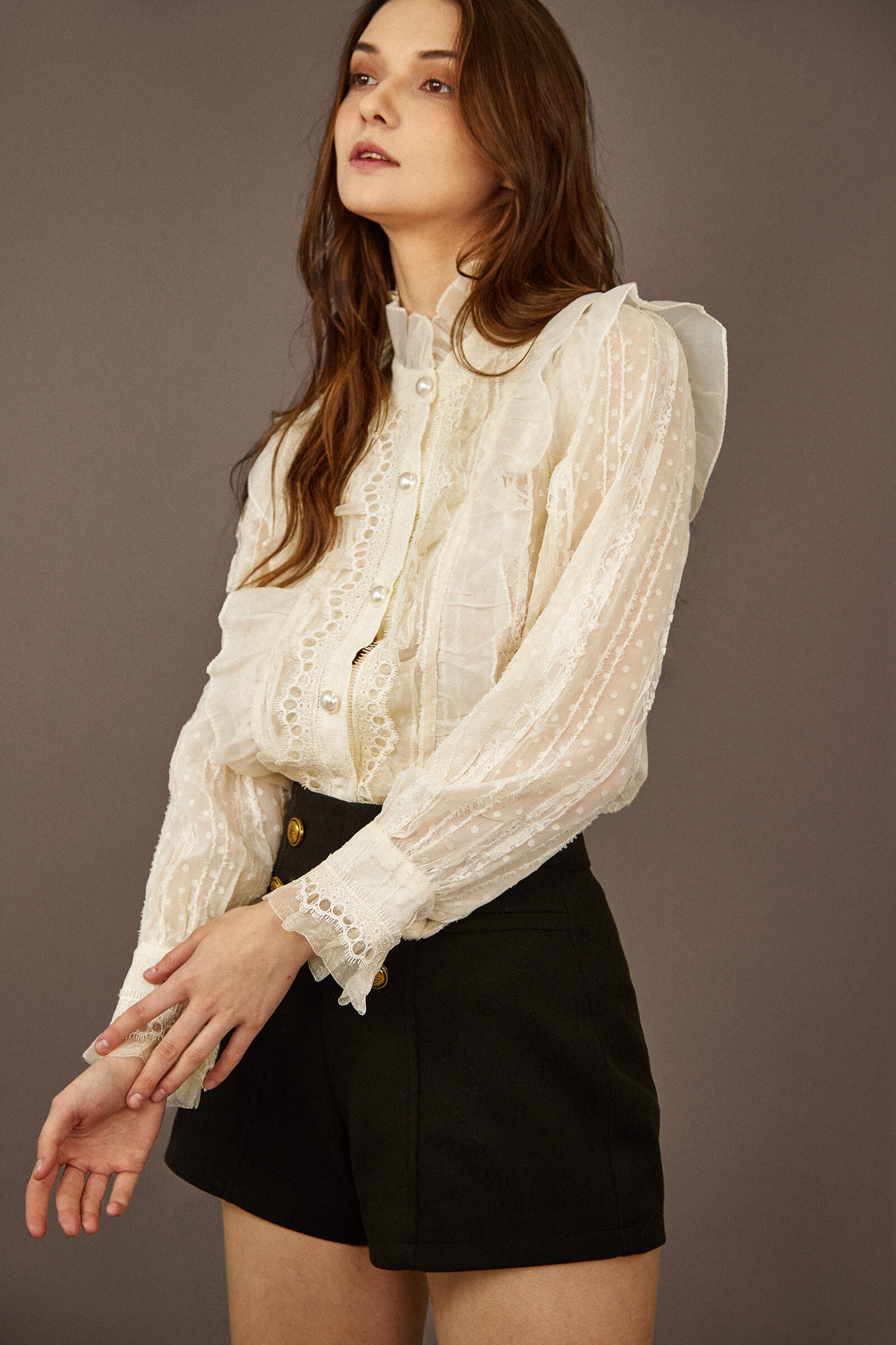 White Lace Trim Faux Pearl Button Blouse