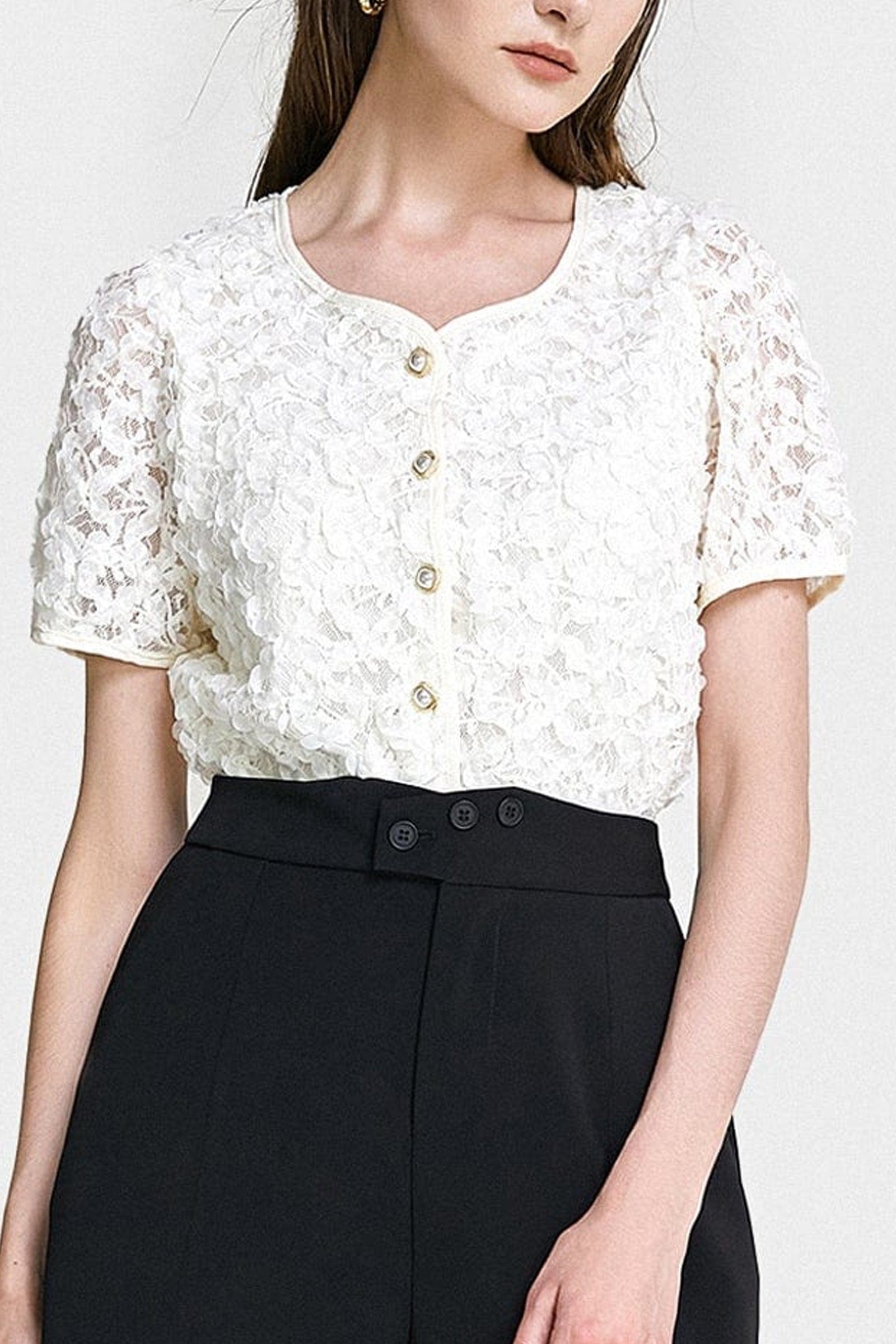 Light Yellow Textured Floral Button Front Blouse