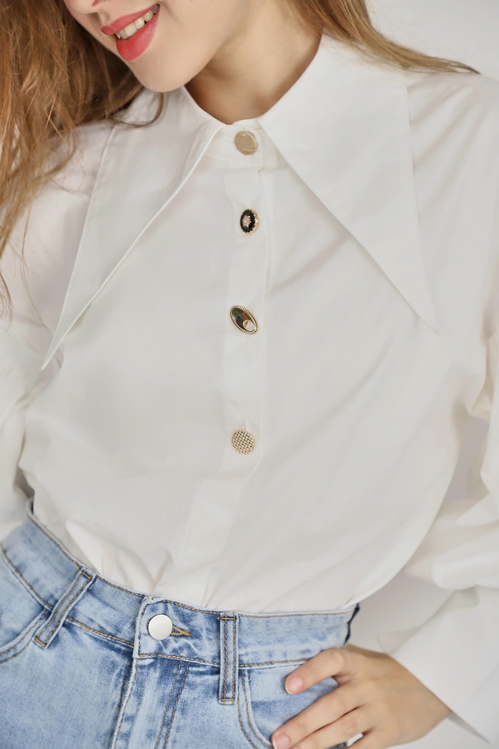 White Pointed Collar Button Detail Lantern Sleeve Shirt