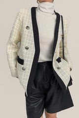 Floral White Contrast Trim Double-Breasted Wool-Blend Tweed Jacket