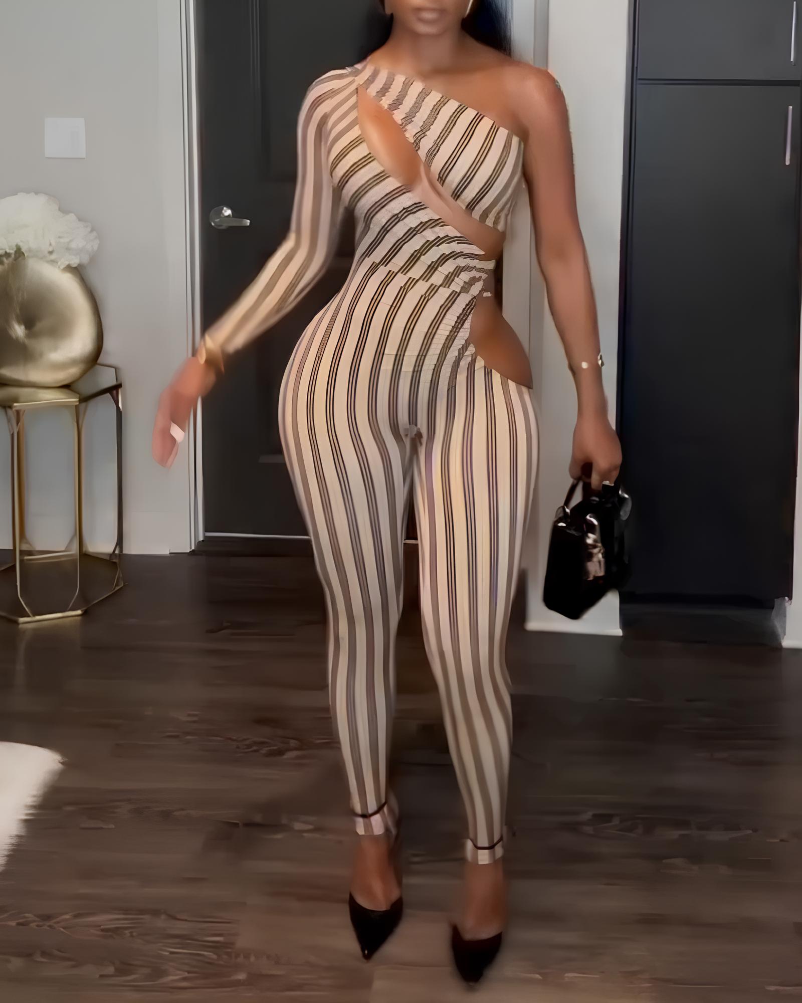 Striped Colorblock One-shoulder Cutout Long-sleeved Stretch Jumpsuit