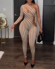Striped Colorblock One-shoulder Cutout Long-sleeved Stretch Jumpsuit