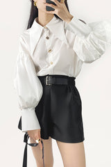 White Pointed Collar Button Detail Lantern Sleeve Shirt