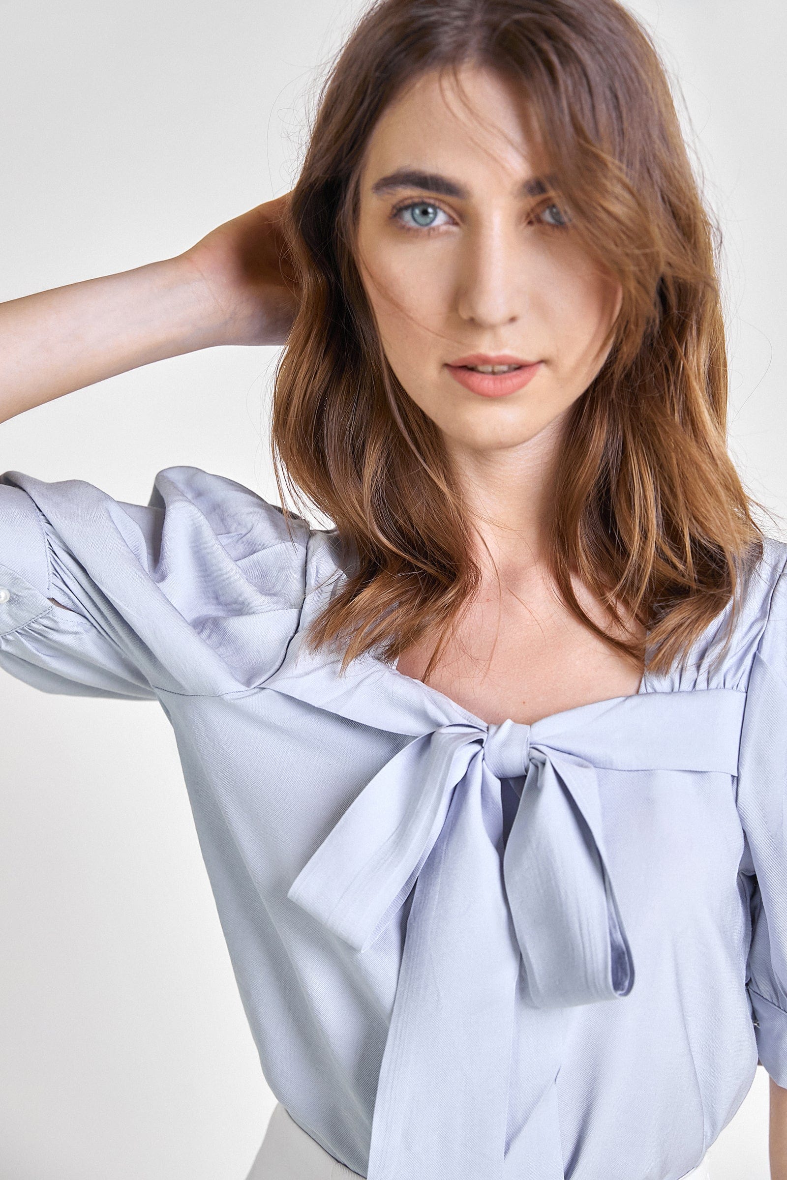 Light Steel Blue Tie Detail Puff Sleeve Blouse