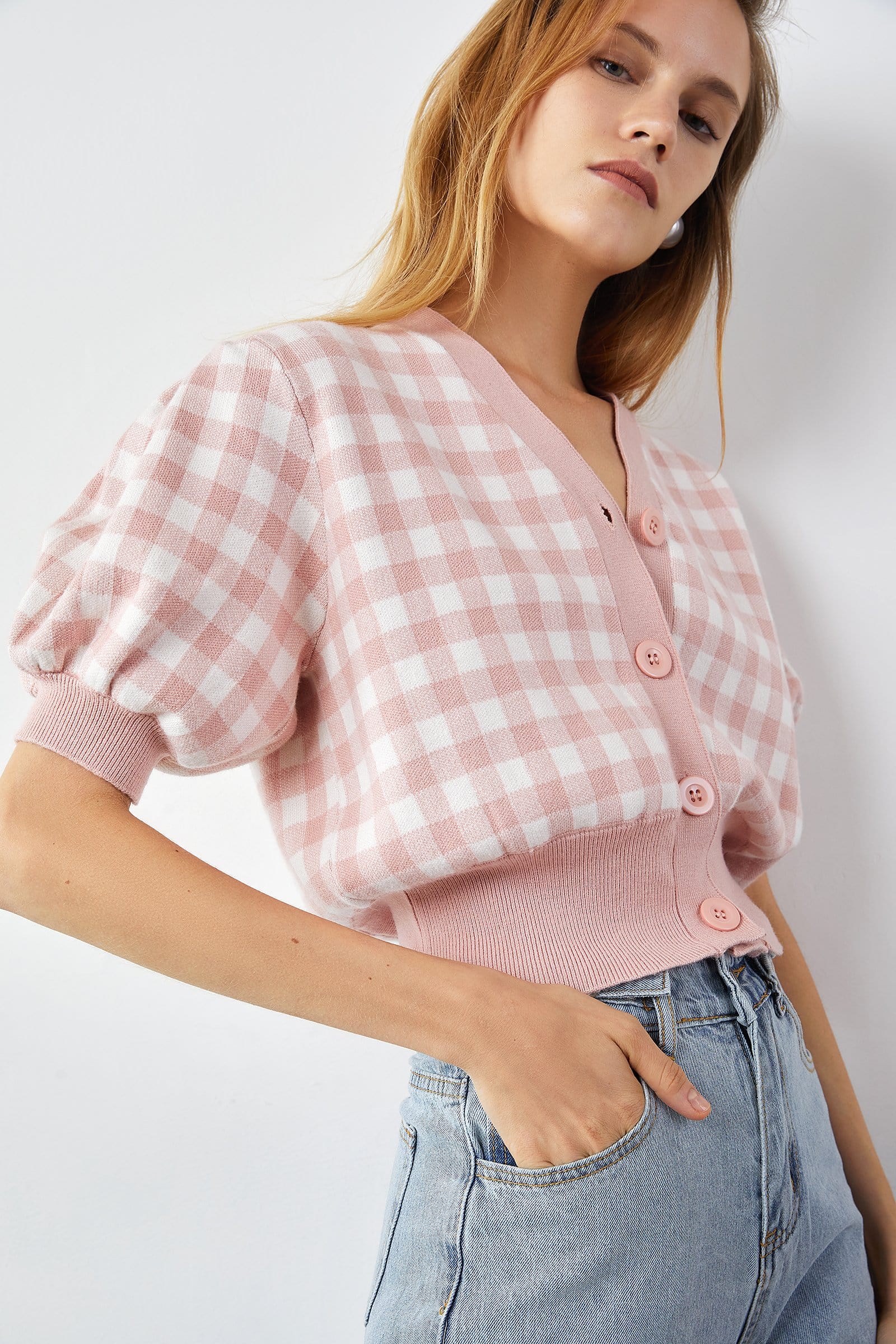 Jillian Light Pink Plaid Cardigan