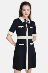 Black Contrast Trim Bow Brooch Knit Dress