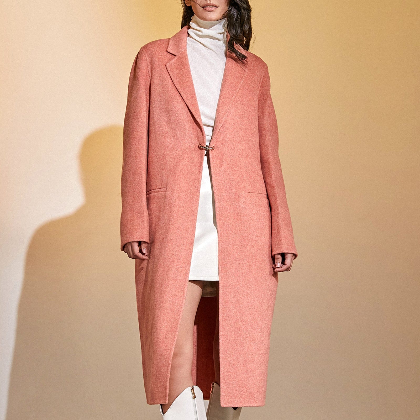 Salmon 100% Wool Notched Collar Longline Coat