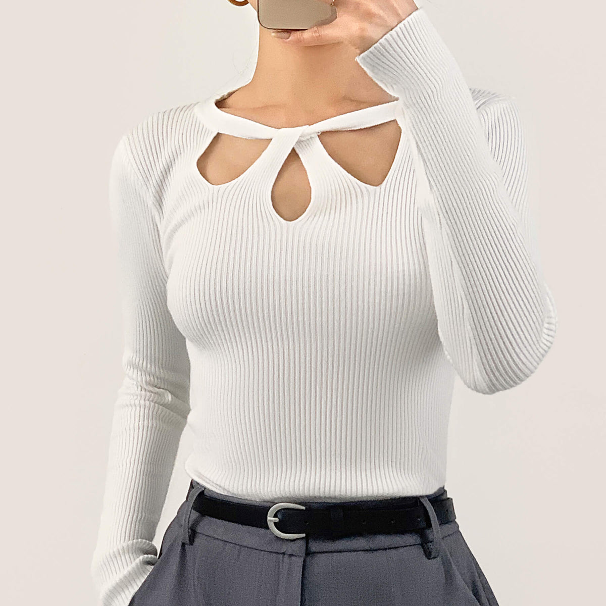 White Knitted Cut Out Detail Sweater