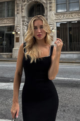 Black Faux-Pearl Trim Sweetheart Neck Knit Bodycon Midi Dress