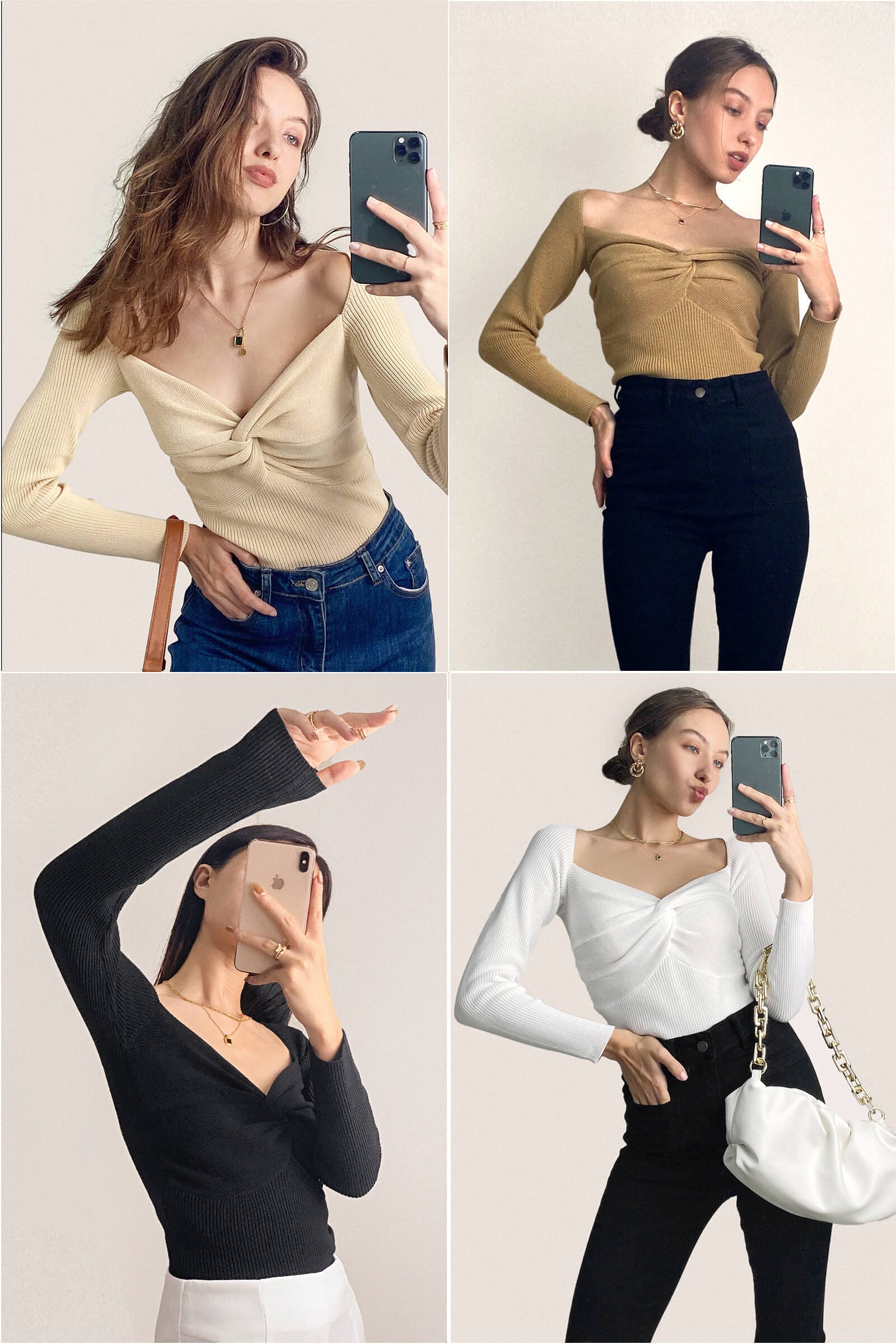 White Twist Front Ribbed Knit Sweater