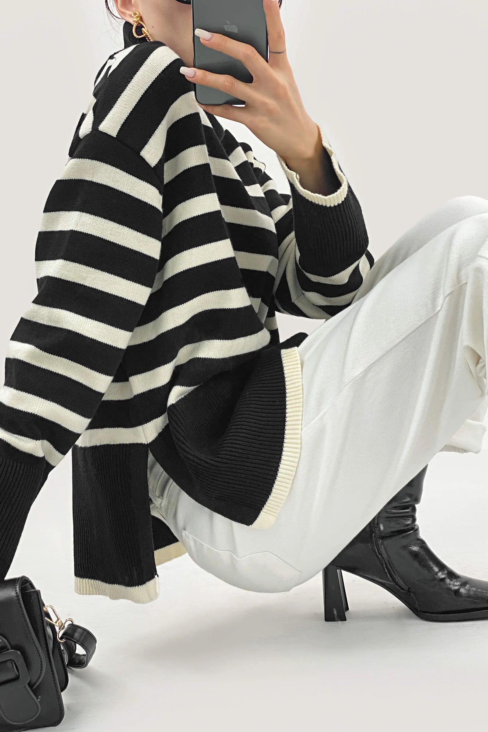 White Roll Neck Striped Ribbed Pullover Sweater
