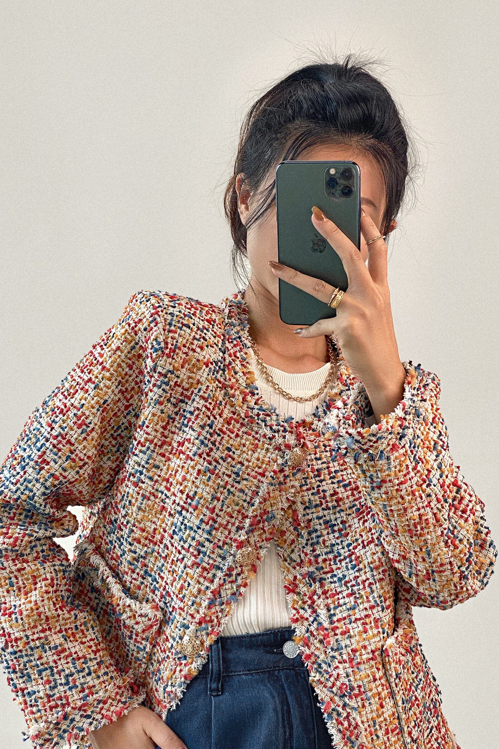 Multicolor Frayed Trim Button-Up Tweed Jacket