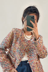 Multicolor Frayed Trim Button-Up Tweed Jacket
