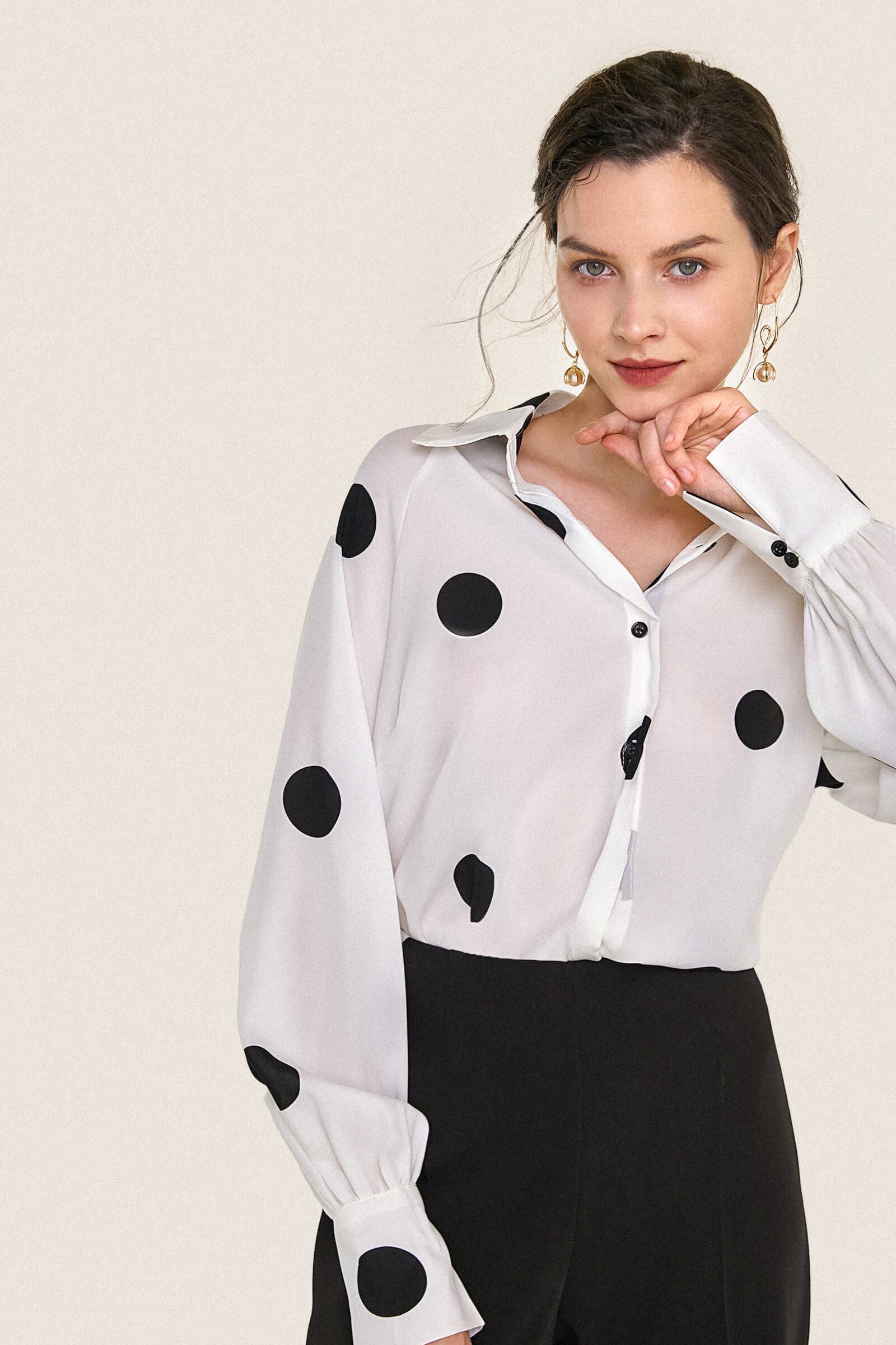 Ivory Polka Dot Balloon Sleeve Button-Up Chiffon Shirt