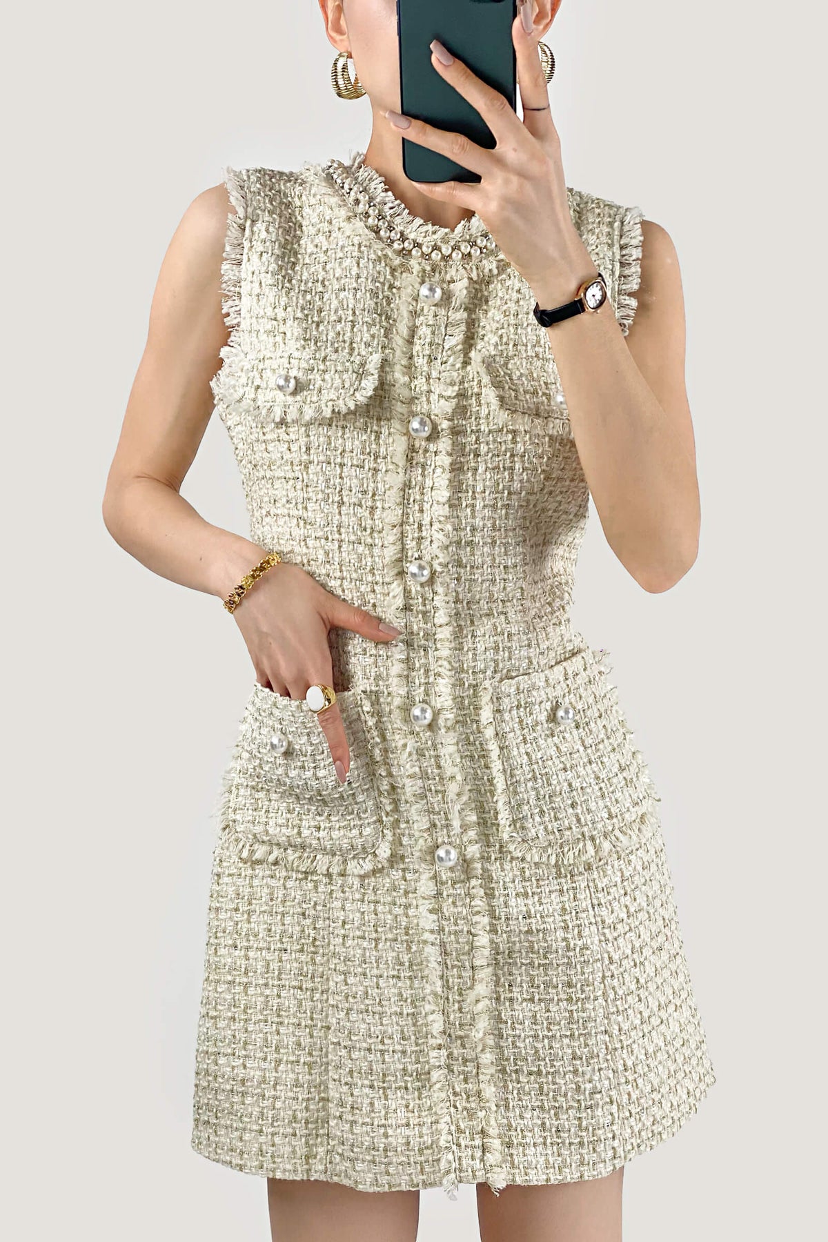 Plaid Raw Trim Tweed Sleeveless Mini Dress