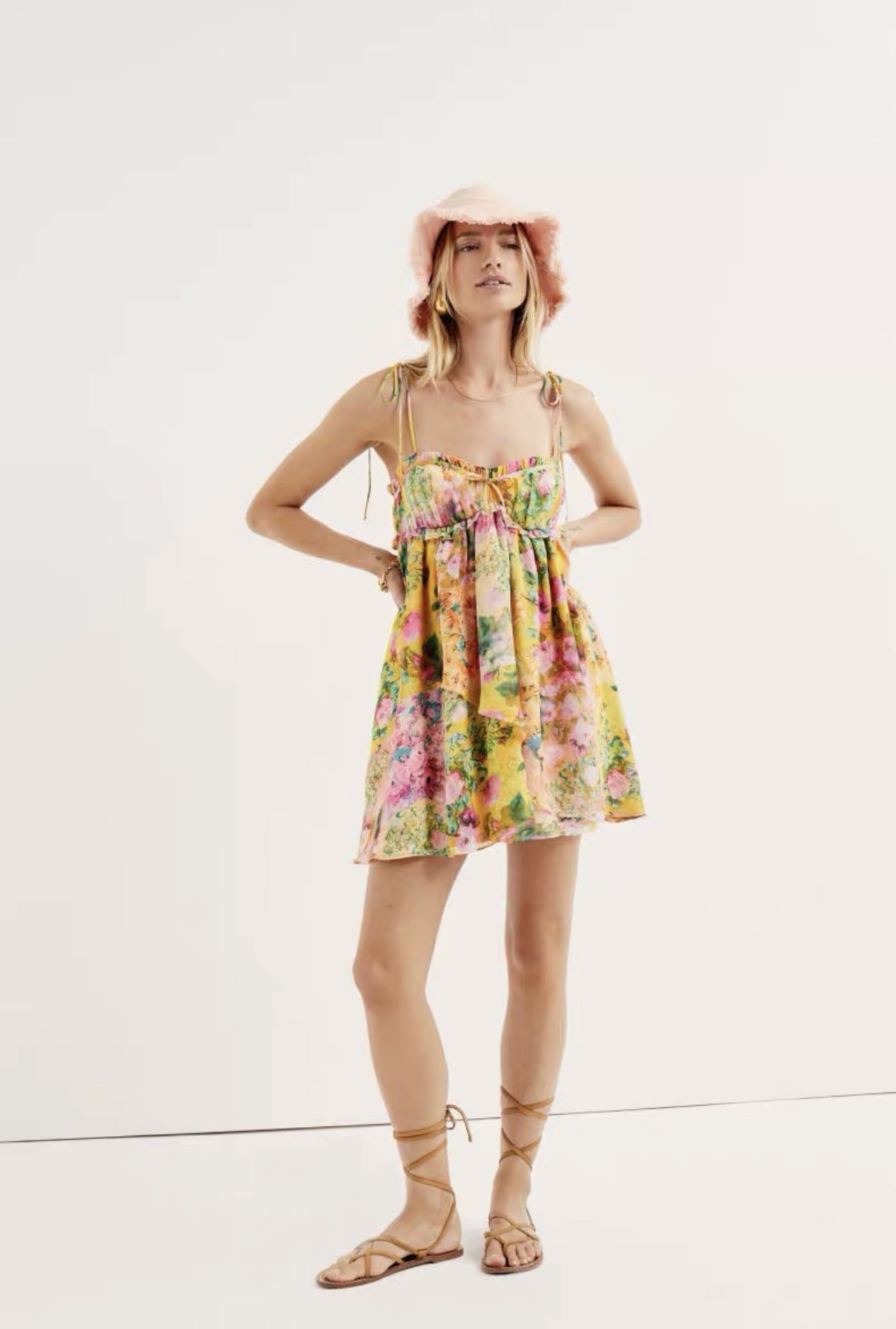 Multi-Coloured Floral Ruffle Bodice Detailing Mini Dress