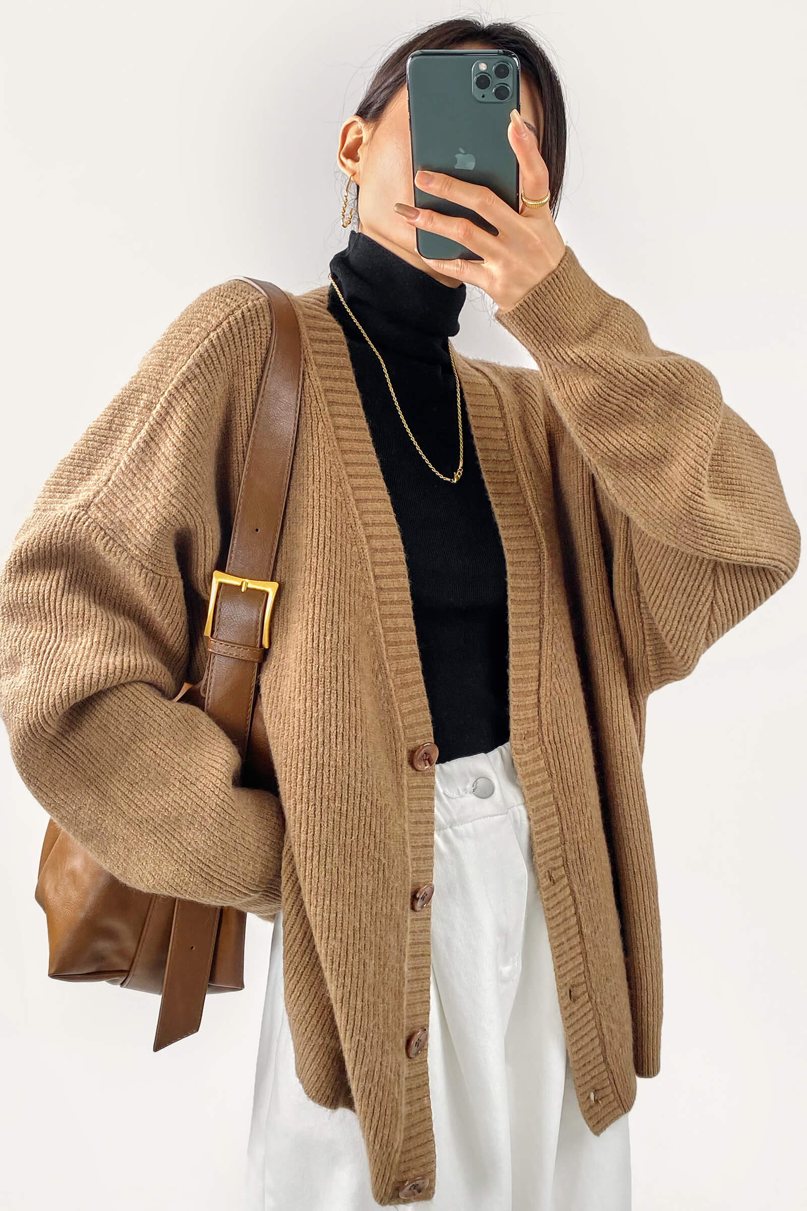 Brown Oversized Button Front Ribbed Knit Cardigan