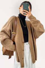 Brown Oversized Button Front Ribbed Knit Cardigan