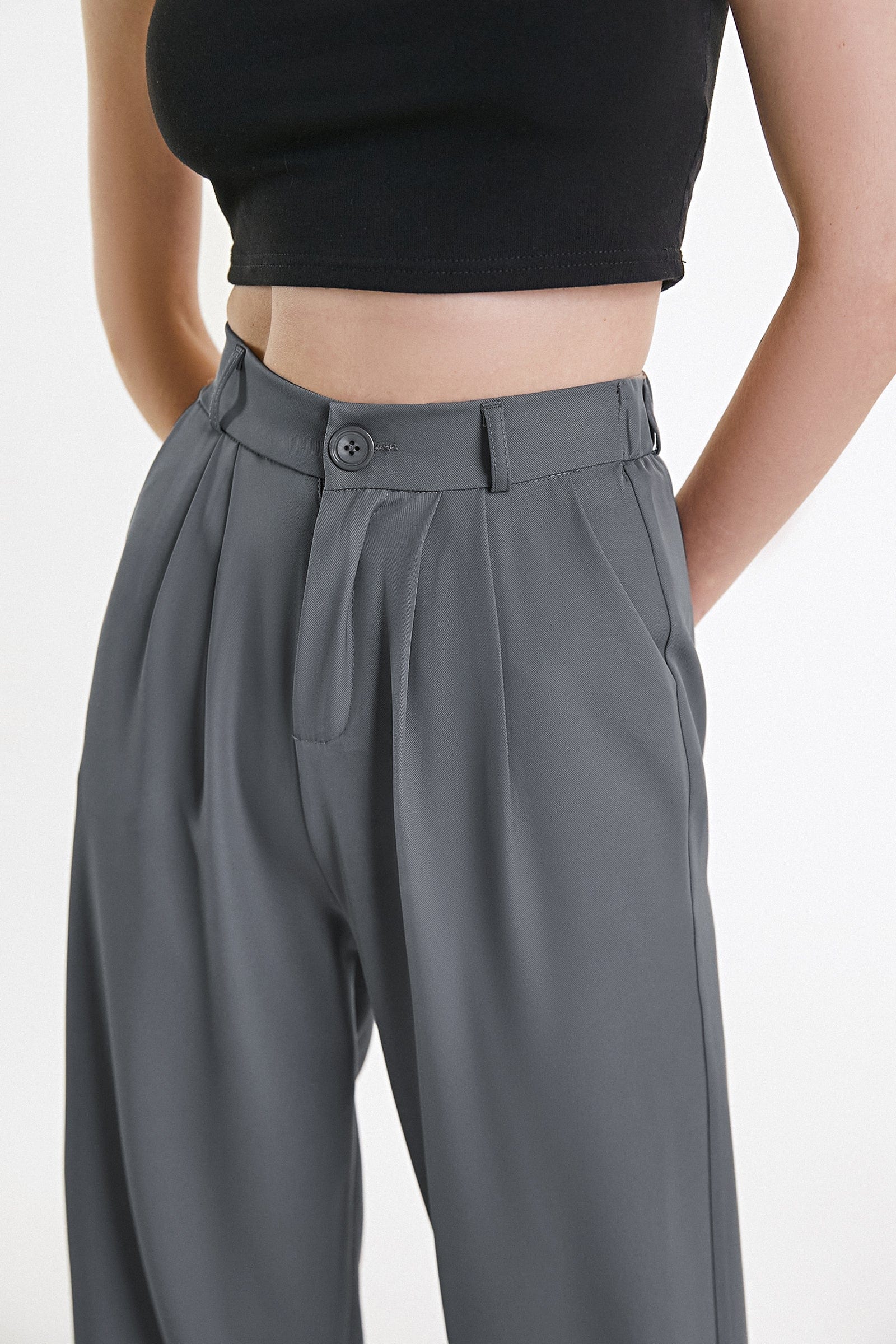 Dim Grey Half Elastic Pleat Detail Wide Leg Suit Pants