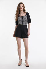 Black Tweed Square Neck Button Detail Puff Sleeve Blouse