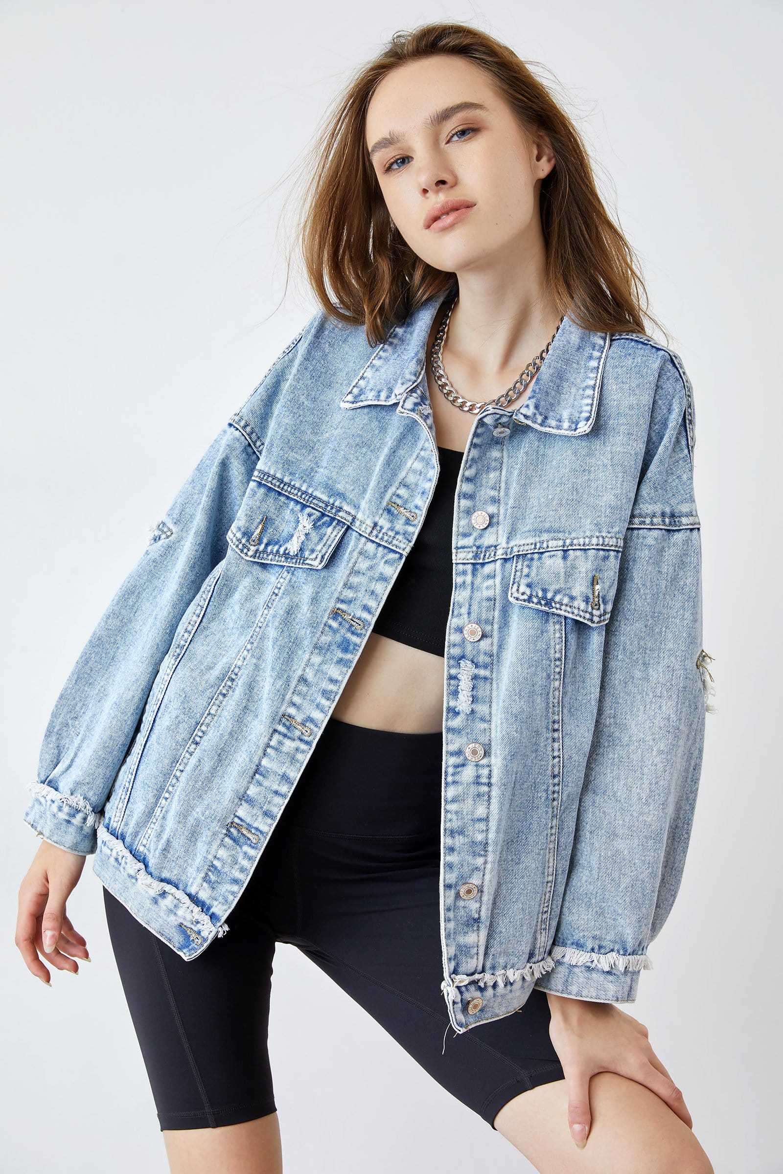 Elsy Steel Blue Distressed Denim Jacket