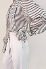 White High Neck Tie Detail Striped Blouse