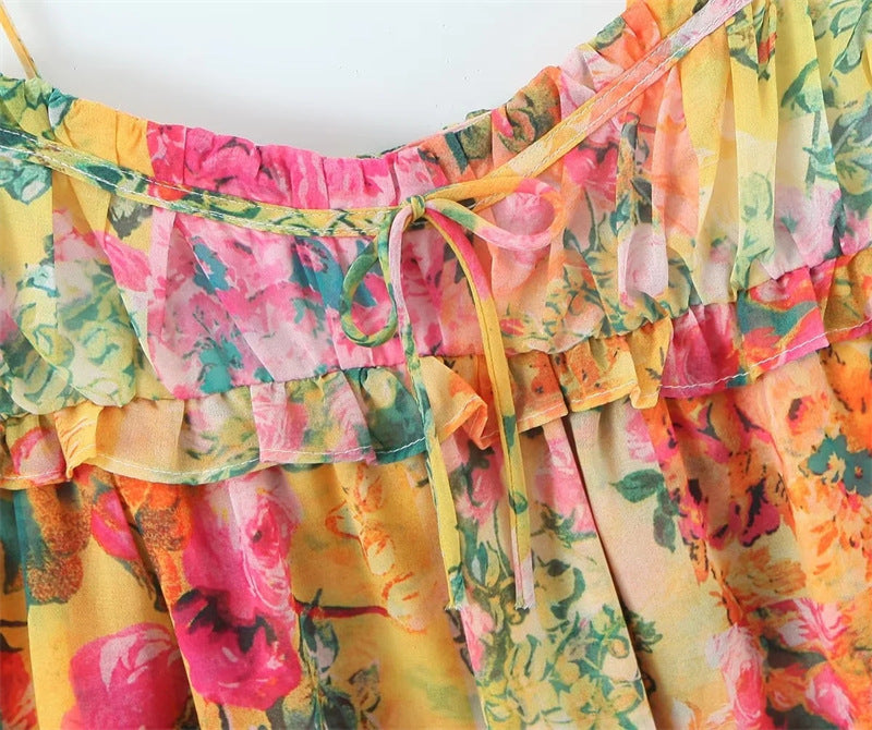 Multi-Coloured Floral Ruffle Bodice Detailing Mini Dress