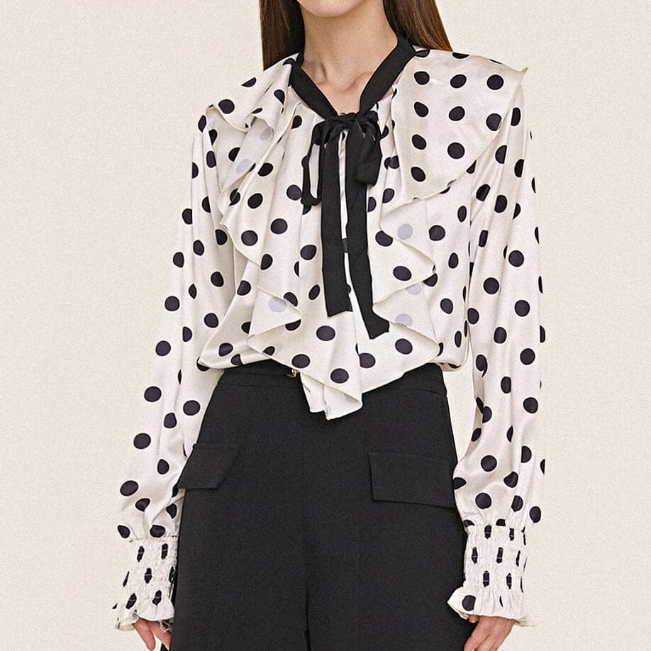 Ivory Polka Dot Flounce-Trimmed Tie Neck Chiffon Blouse