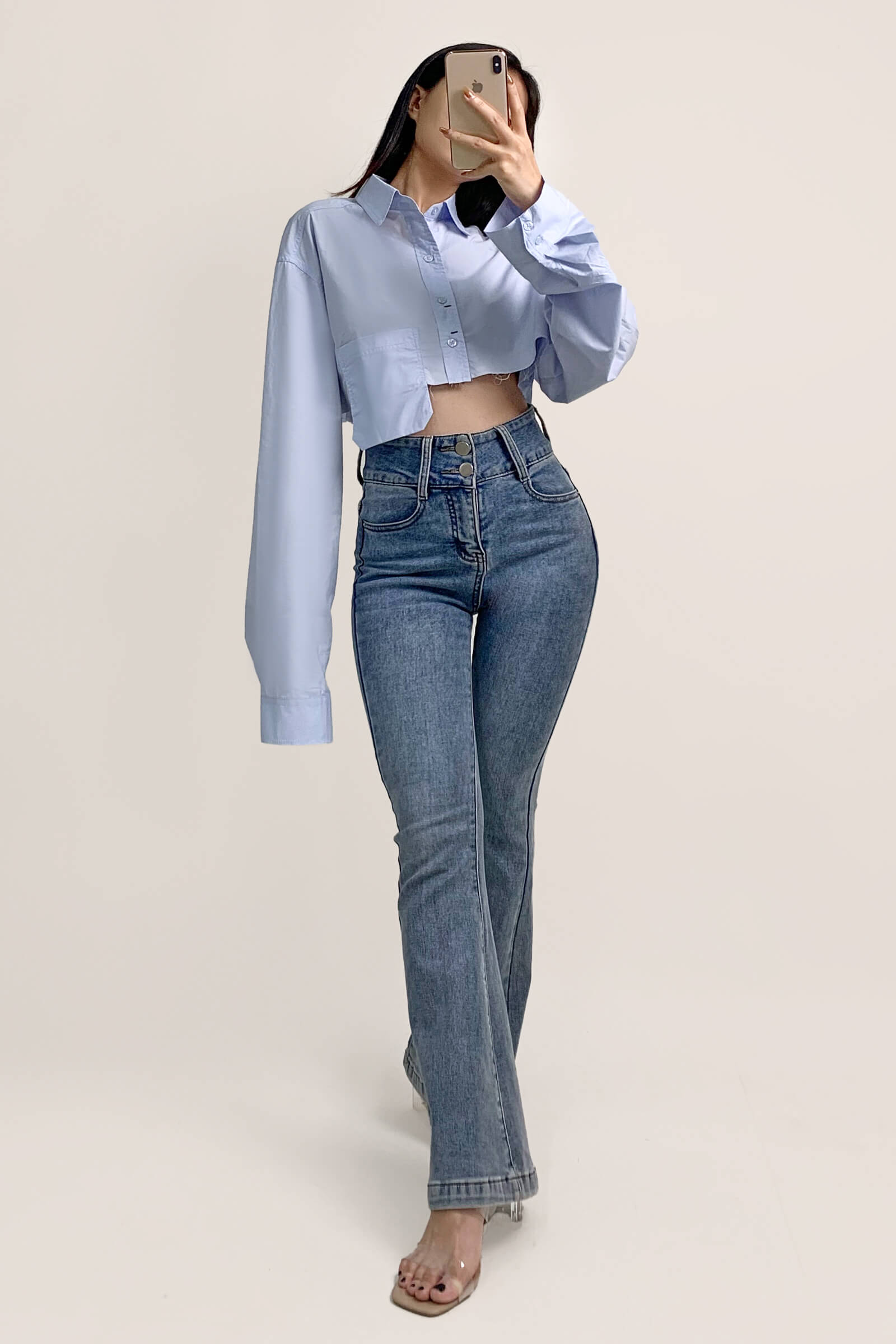 Light Blue Pocket Detail Cropped Shirt