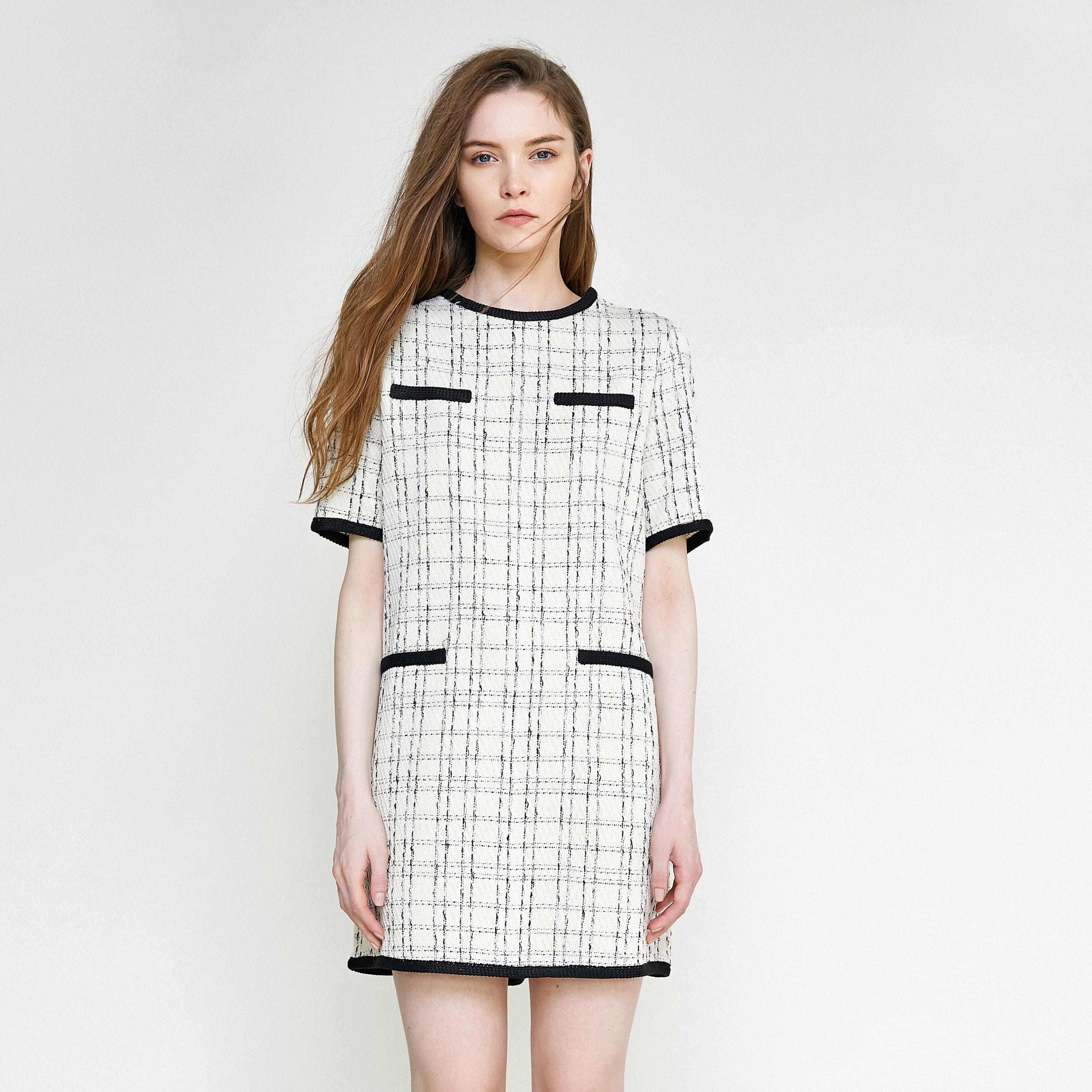 Ivory Checked Contrast Trim Tweed Mini Dress