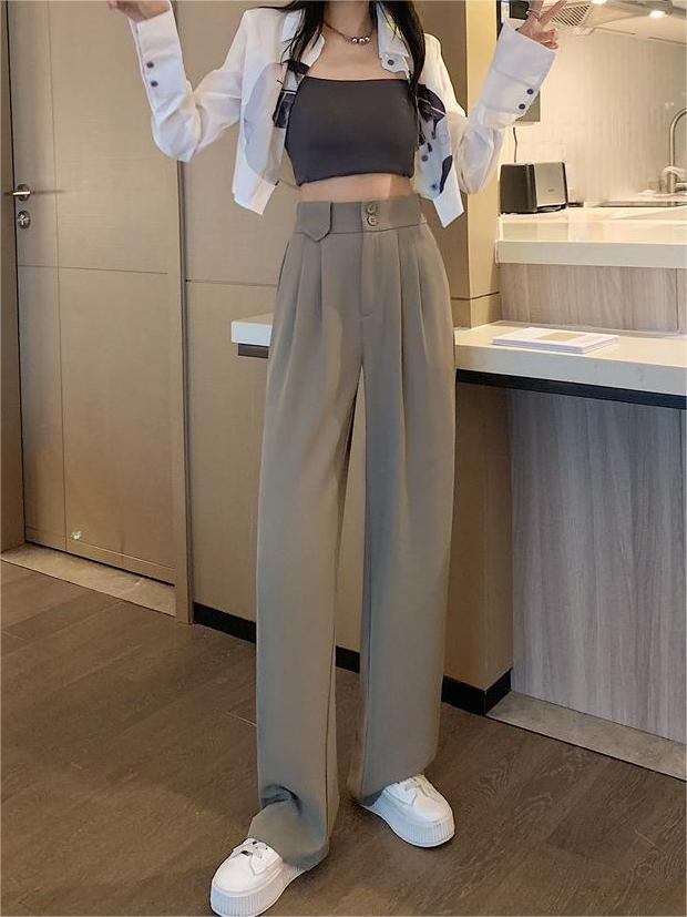 Green High-Waisted Straight Trousers Slacks