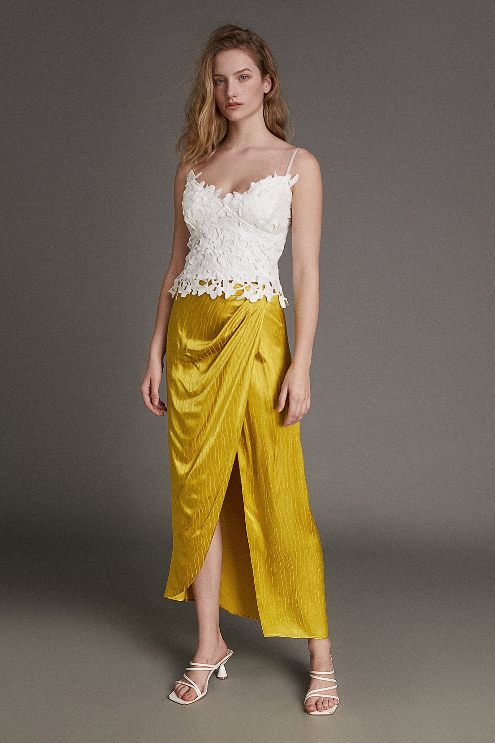 Yellow Jacquard Ruched Wrap Maxi Skirt