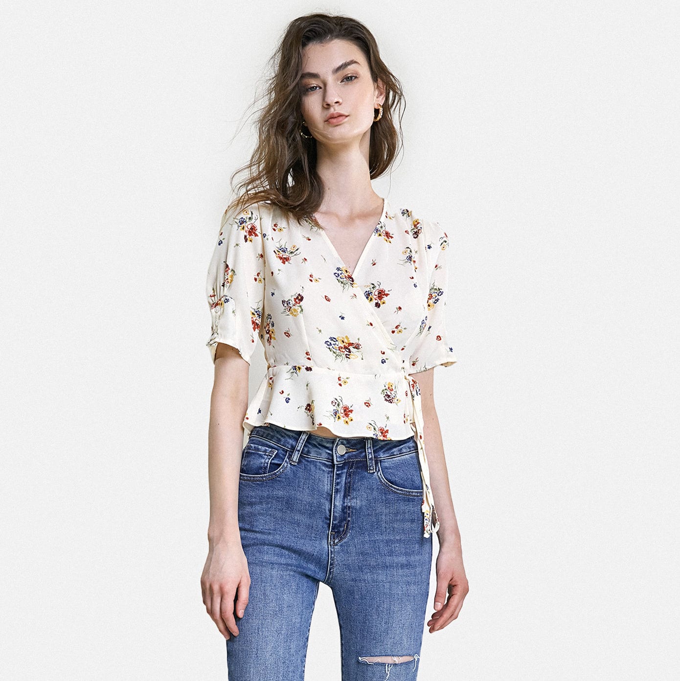 Ivory Floral Print Surplice V-Neck Tie Detail Blouse