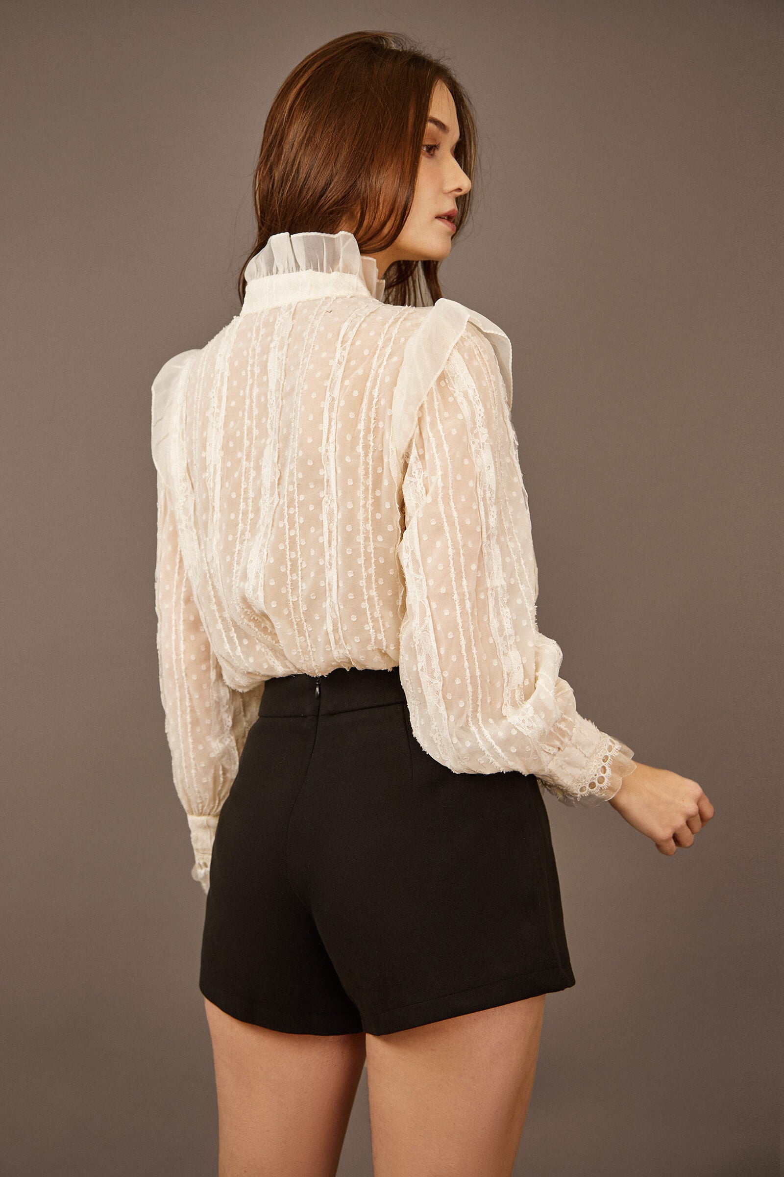 White Lace Trim Faux Pearl Button Blouse