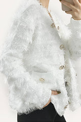 White Frayed Trim Cardigan With Gold Buttons