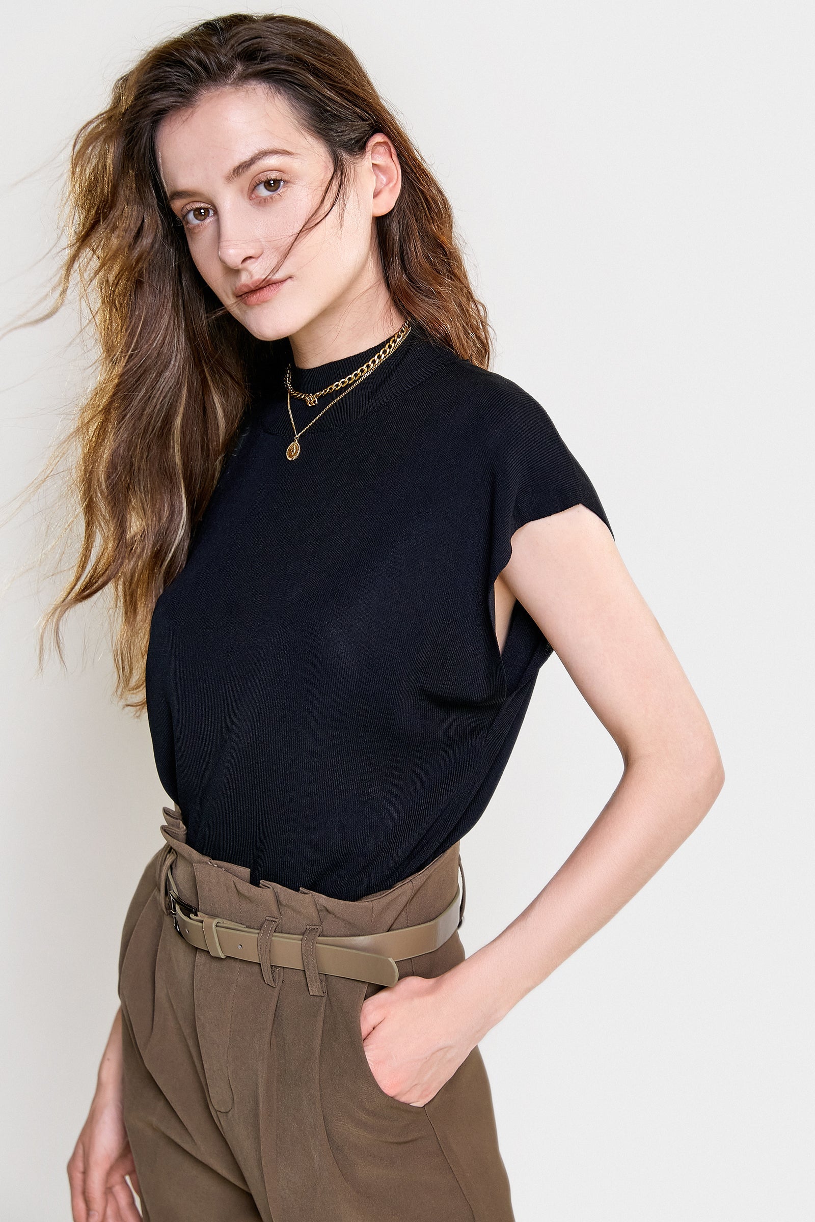 Black Rib-Knit Mock Neck Cap Sleeve Top